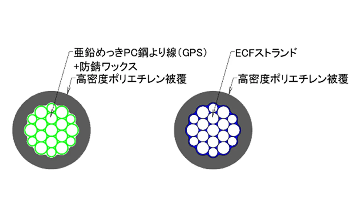 ケーブル断面図 PE被覆ワックス亜鉛めっきとECFストランド